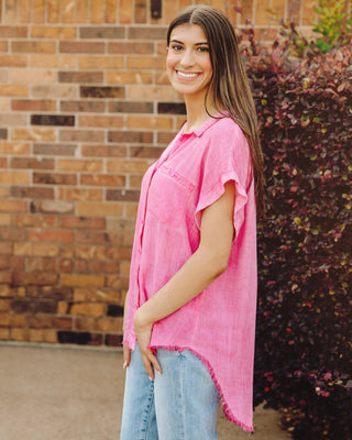 Happy Energy Button Down Top in Pink