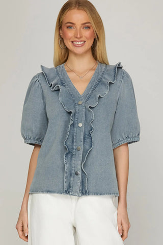 Washed Denim Ruffle Blouse
