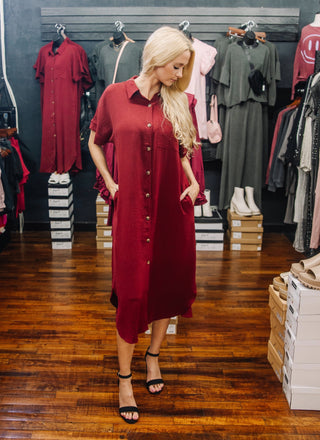 Embrace The Day Button Down Dress in Burgundy