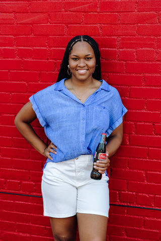 Happy Energy Button Down Top in Blue