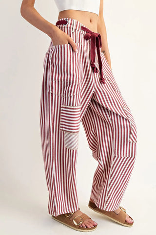 Striped Drawstring Barrel Pants - Raspberry