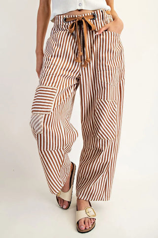 Striped Drawstring Barrel Pants - Caramel