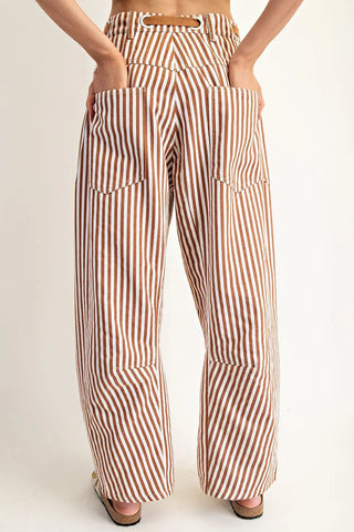 Striped Drawstring Barrel Pants - Caramel