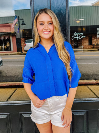 Crushing On You Button Down Top In Blue