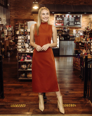 Casual Couture Mock Neck Dress in Rust