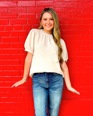 Sweet Glance Ruffle Blouse in Sand