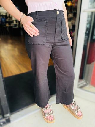 Scalloped Pocket Straight Leg Pant - Black