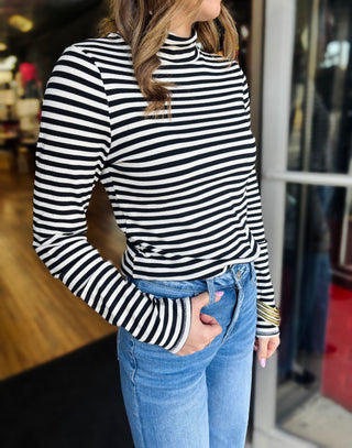 Black/ White Striped Long Sleeve Turtle Neck
