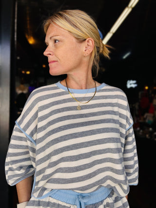Terry Stripe Cape Sleeve Top - Grey/Blue