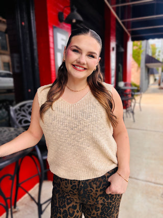 Knit V-Neck Sweater Vest - Sand