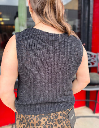 Knit V-Neck Sweater Vest - Black