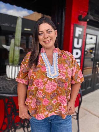 Pattern Floral V-Neck Blouse - THML